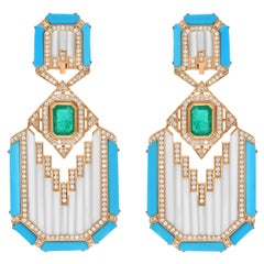 Türkis-Ohrringe aus Perlmutt mit Smaragd und Diamant aus 18 Karat Gelbgold-Schmuck