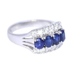 Vintage Sapphires Diamonds 18K White Gold Modern Ring, 1990