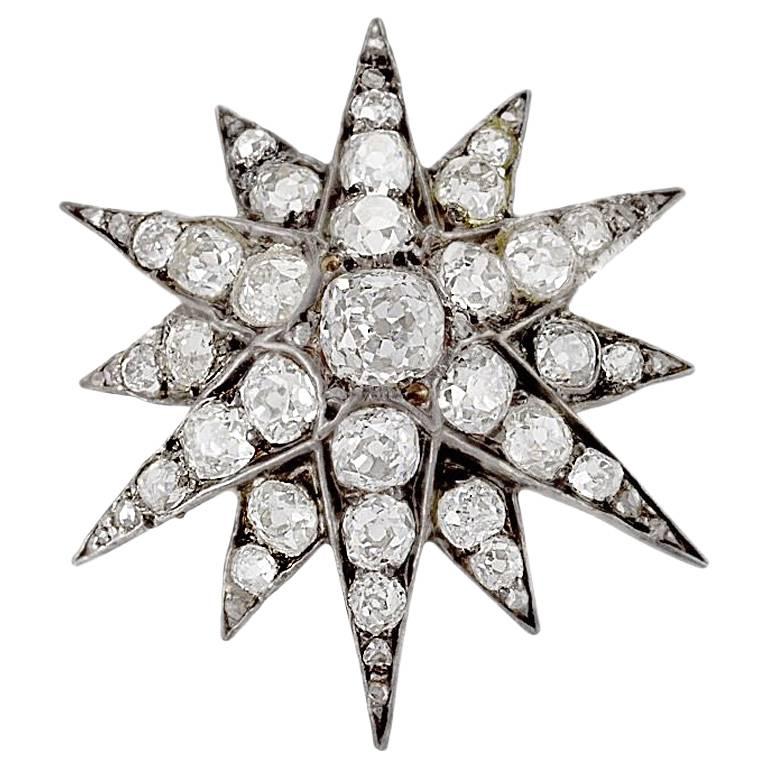 English Antique Diamond and Silver Top Gold Star Brooch