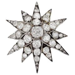 English Antique Diamond and Silver Top Gold Star Brooch