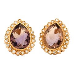 Boucles d'oreilles vintage en or 18ct avec amétrine taille poire et diamant de 1,26ct