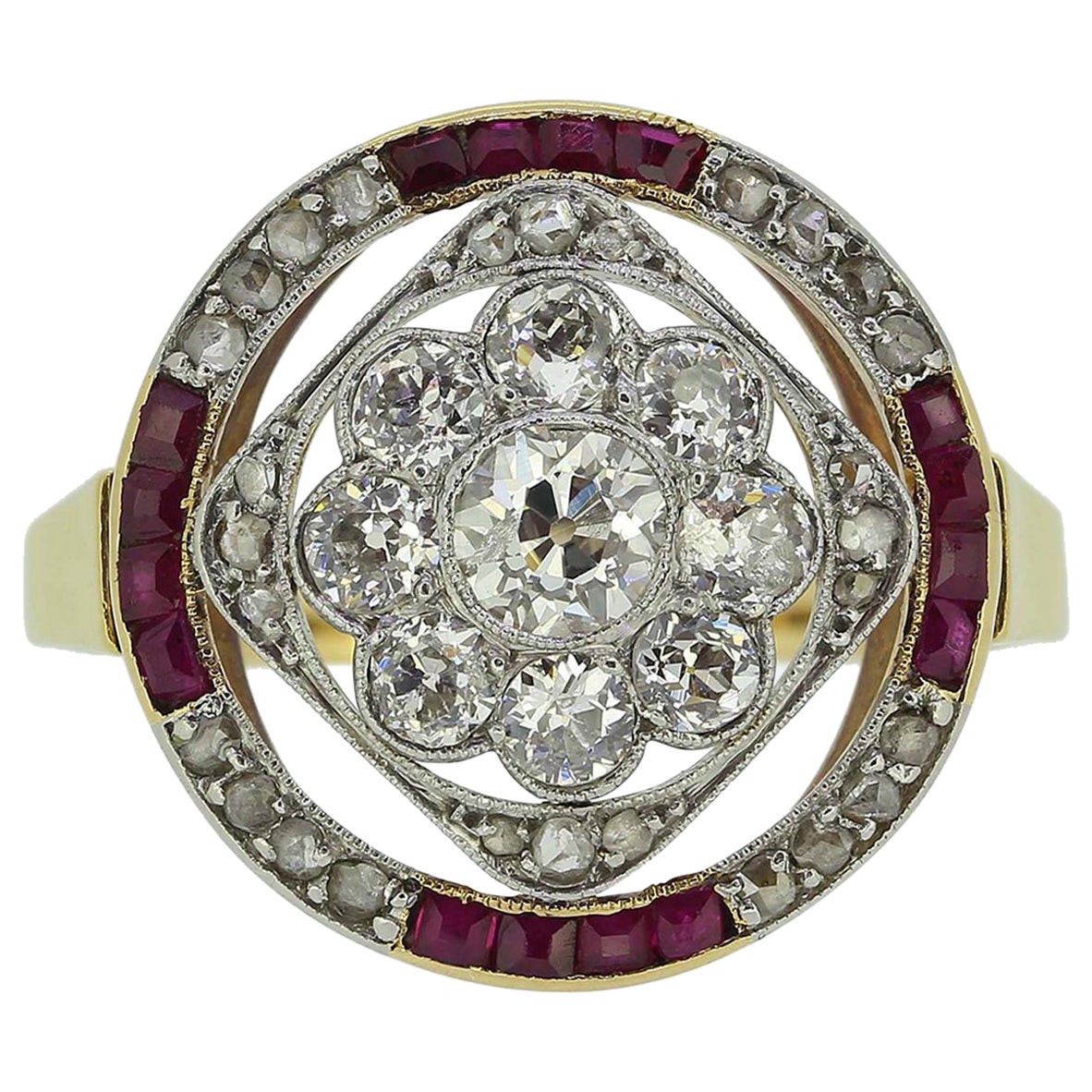 Art Deco Ruby and Diamond Cluster Ring For Sale