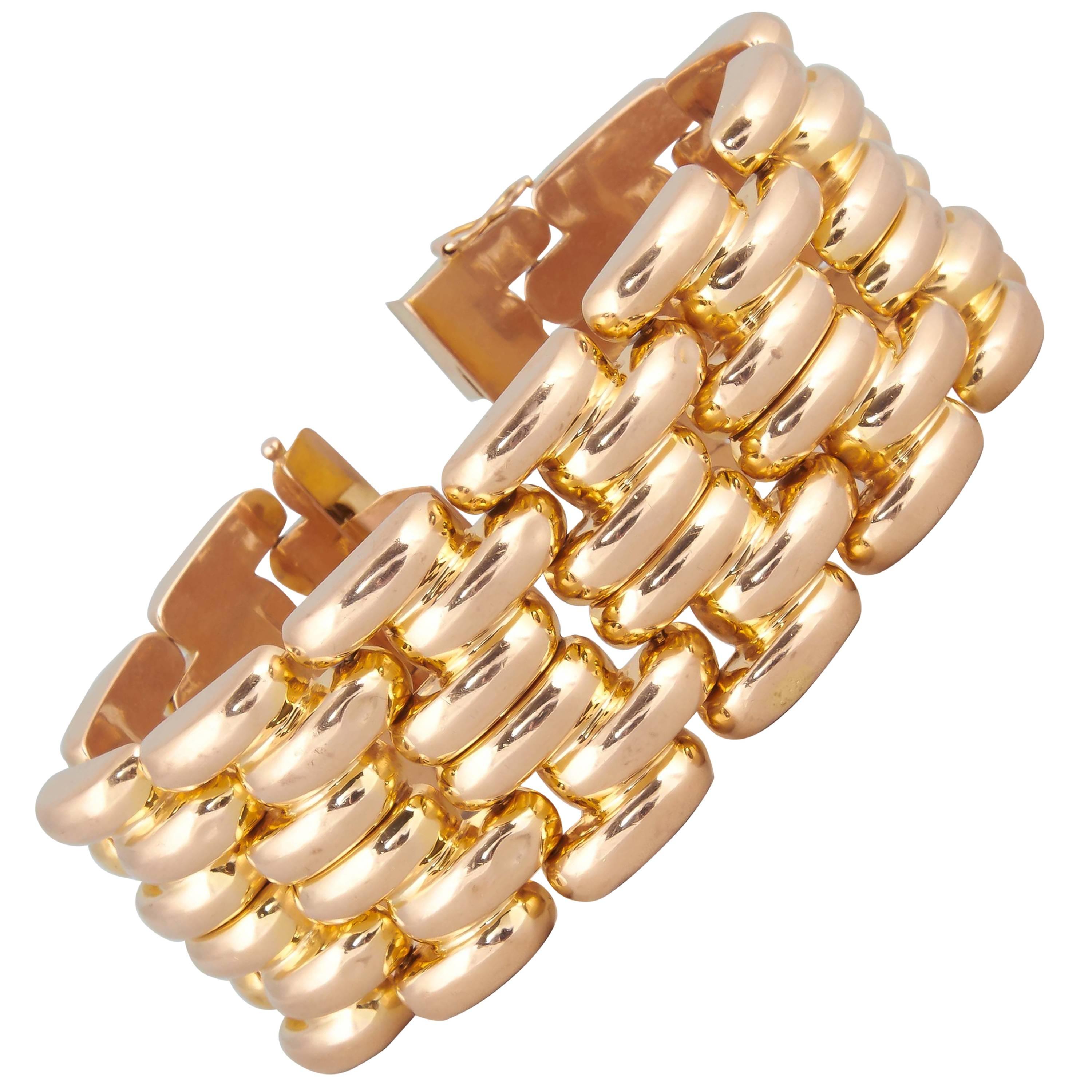 1950s Six Row Bold Dramatic HeavyTank Style High Polish Gold Link Bracelet