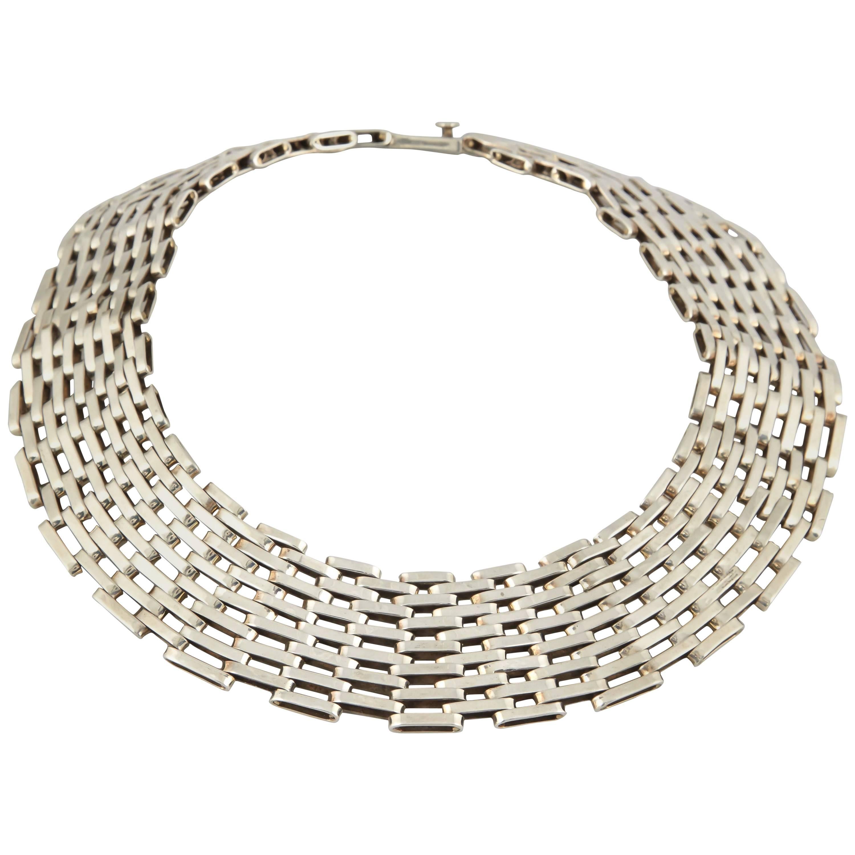 1980s Seven Row Bold Heavy Open Link Silver Wide Collar Necklace