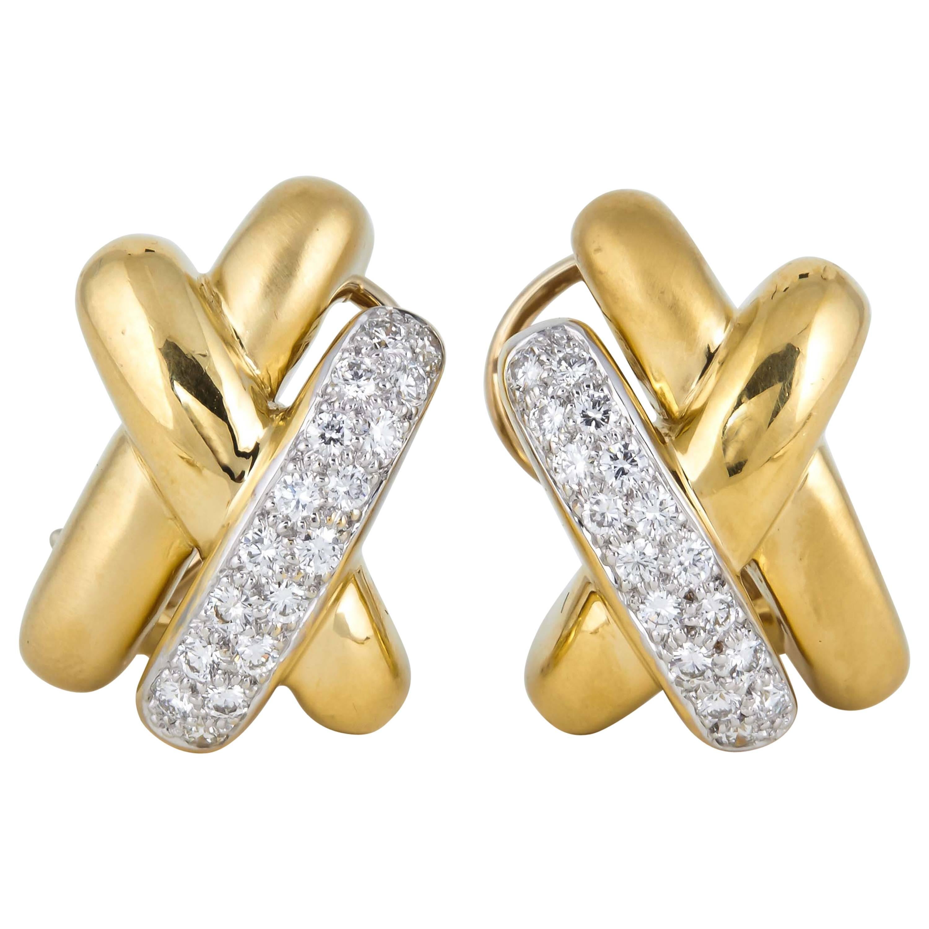 1980s Marlene Stowe Three Dimensional X Design Diamond Gold Earclips