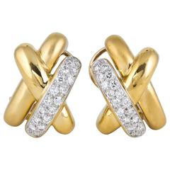 1980s Marlene Stowe Three Dimensional X Design Diamond Gold Earclips