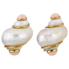 1980s Seaman Schepps Pink Mother-of-Pearl Angel Skin Coral Gold Earclips