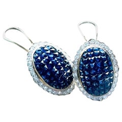 18KT Blauer Saphir und Diamant unsichtbar Set Ohrringe Clip oder Pfosten