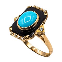 Art Deco Style Turquoise Onyx 0.18 Carat White Diamond Yellow Gold Cocktail Ring