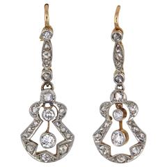 Antique Edwardian French Back Diamond.Platinum Open Work Drop Dangle Earrings