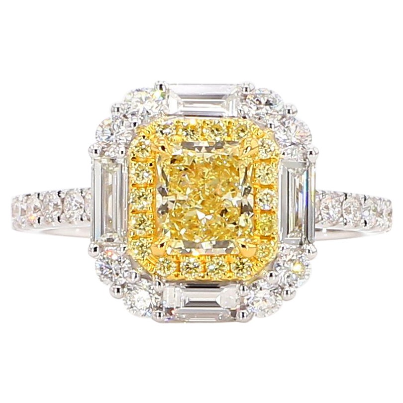 GIA Certified Natural Yellow Radiant Diamond 1.97 Carat TW Gold Cocktail Ring For Sale