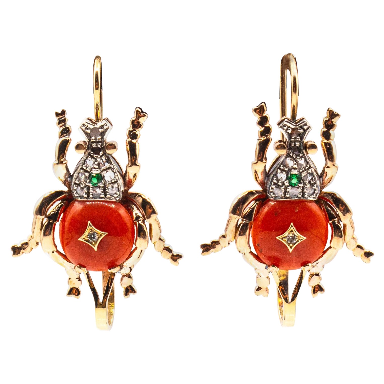 Art Nouveau Style White Diamond Emerald Red Coral Yellow Gold Drop Earrings For Sale