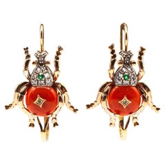 Boucles d'oreilles pendantes en or jaune, diamant blanc, émeraude, corail rouge, style Art Nouveau