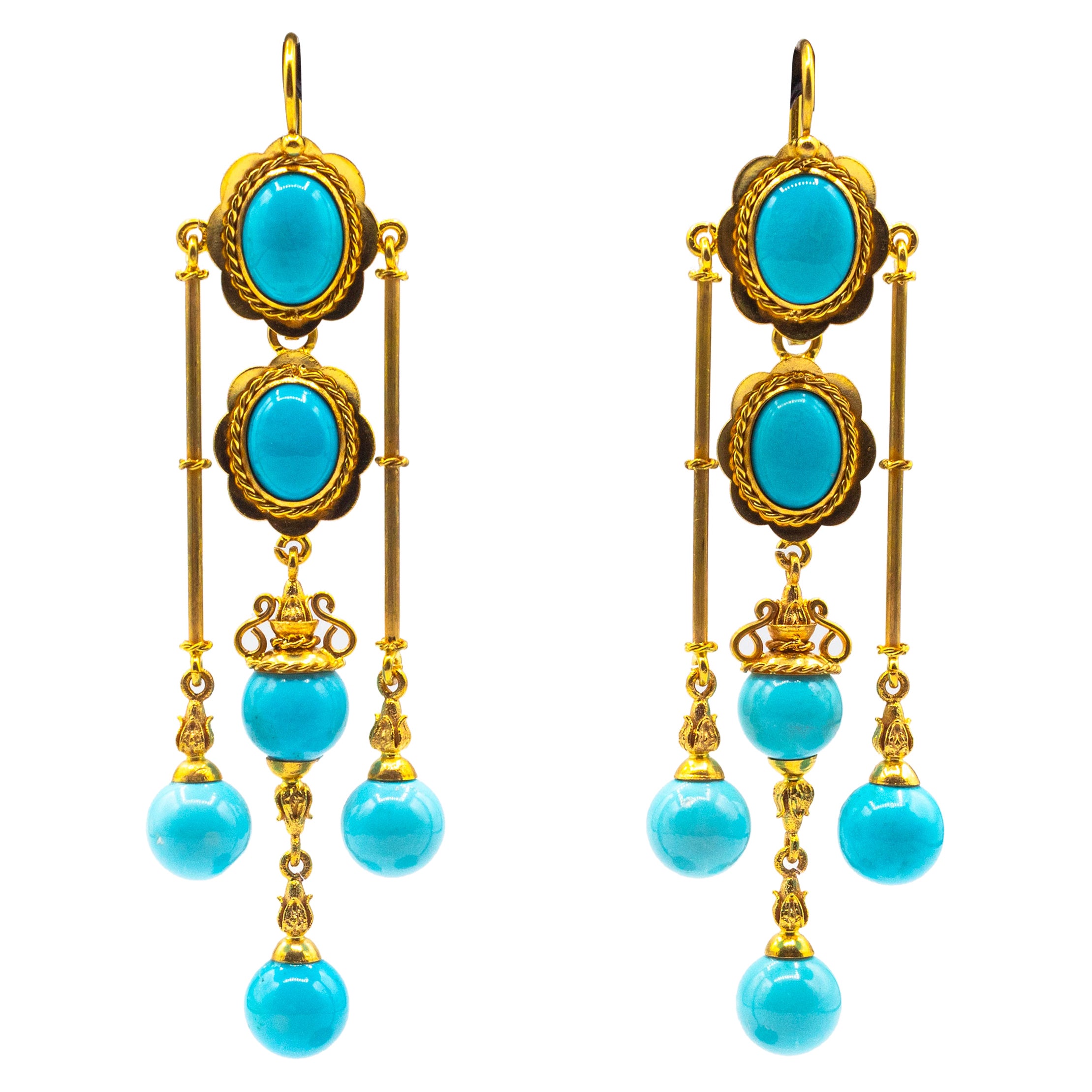 Art Deco Style Handcrafted Natural Turquoise Yellow Gold Drop Earrings For Sale