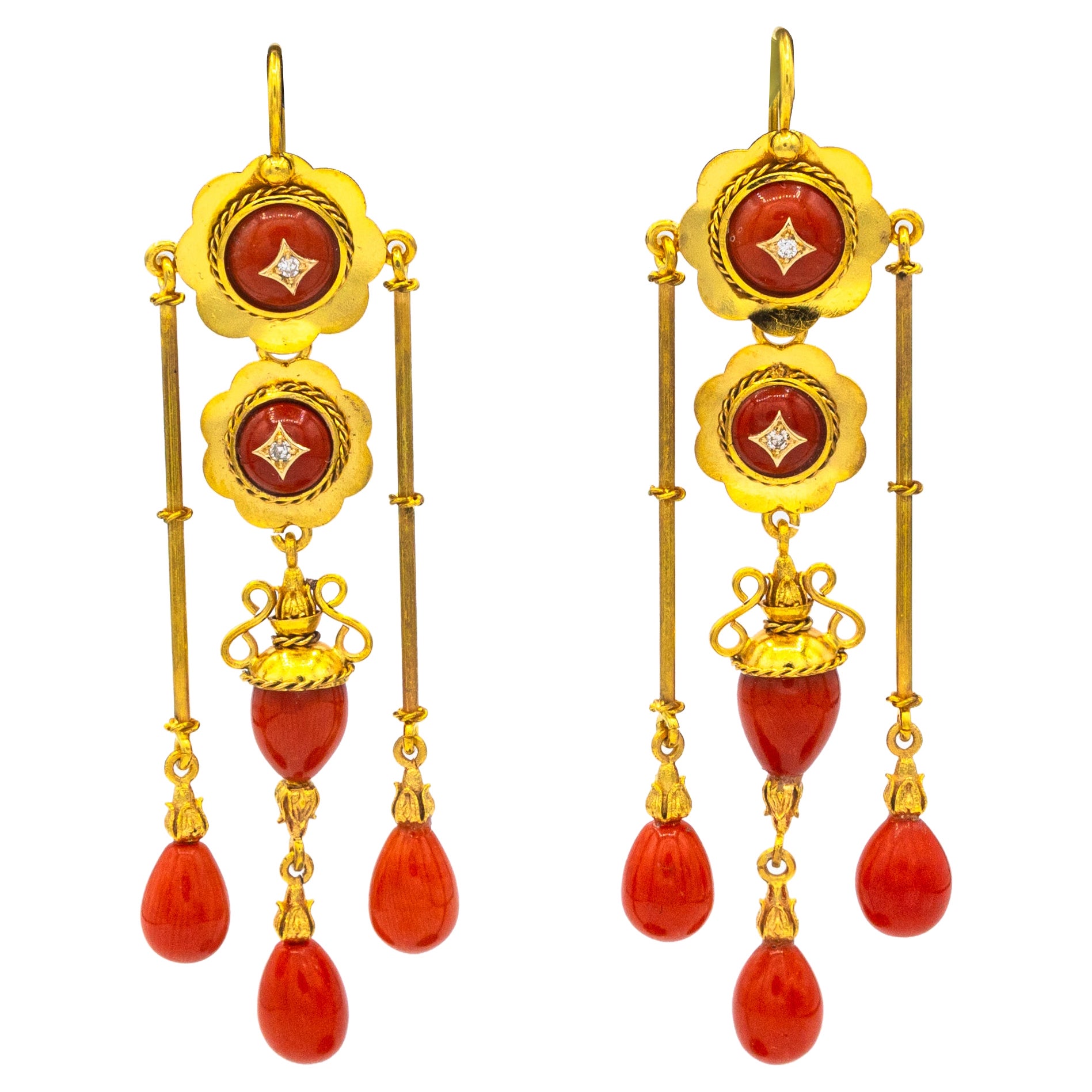 Art Deco Style Mediterranean Red Coral White Diamond Yellow Gold Drop Earrings For Sale