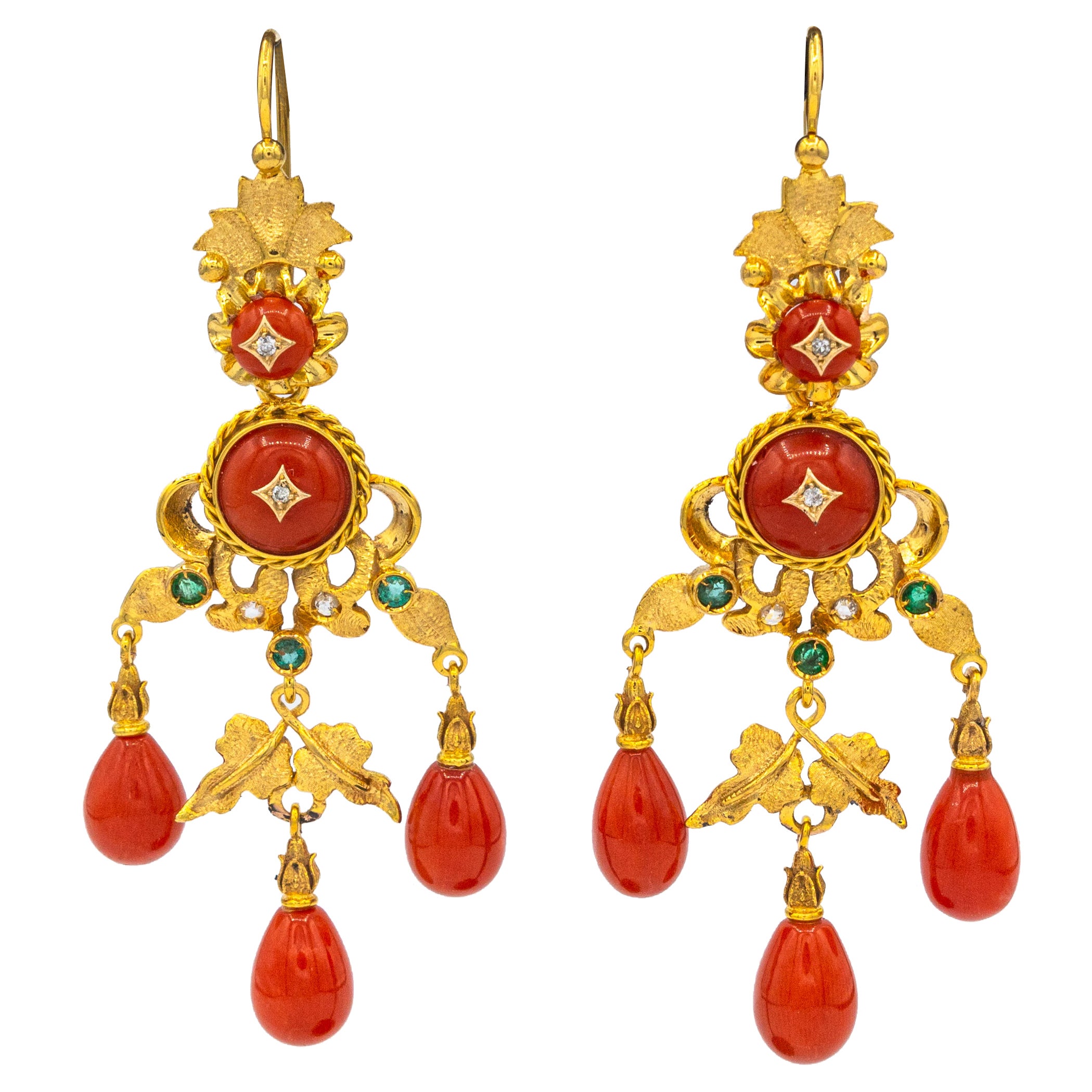Art Deco Style Red Coral White Diamond Emerald Yellow Gold Drop Earrings For Sale
