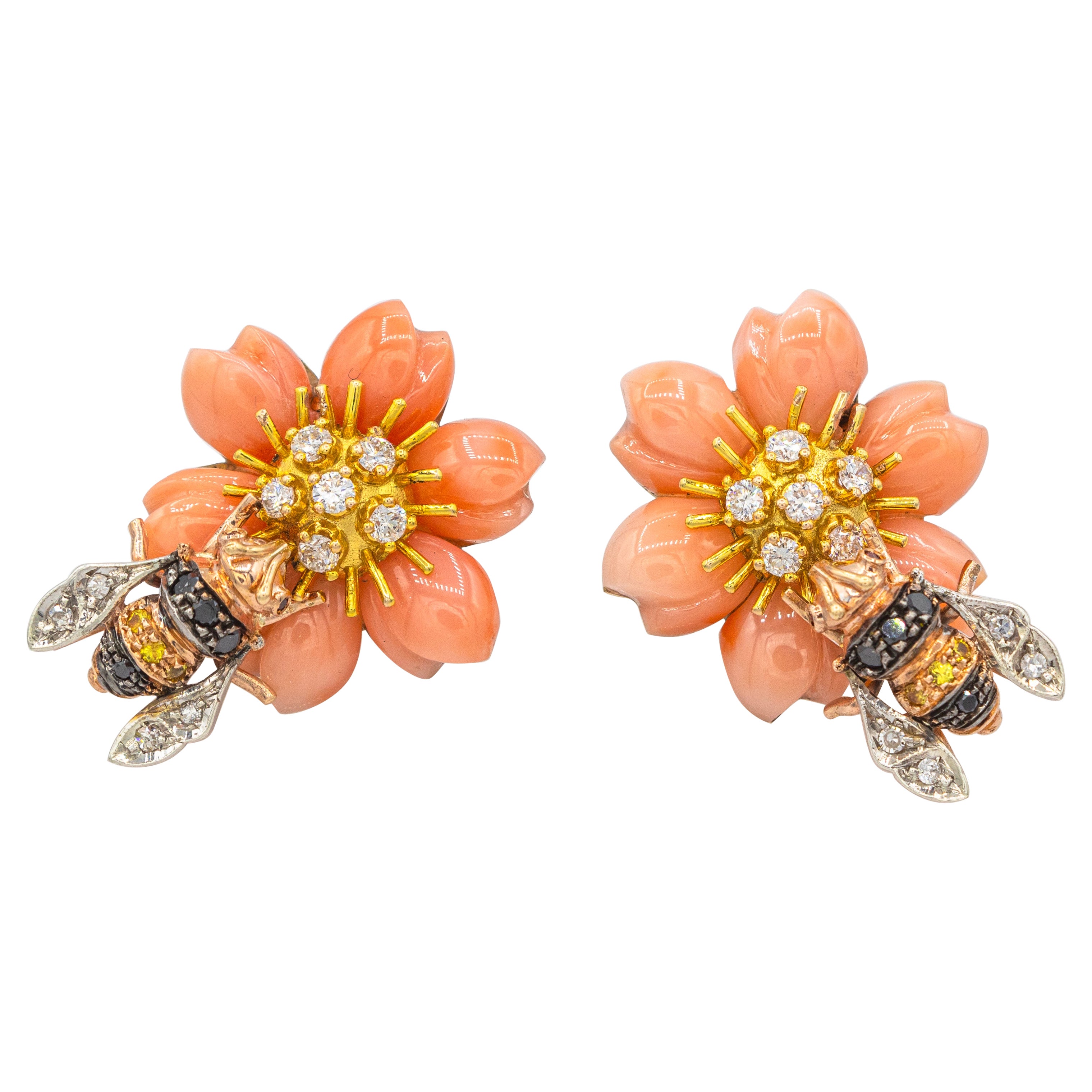 Pink Coral Diamond Yellow Sapphire Yellow Gold "Bee on Flower" Clip-On Earrings For Sale