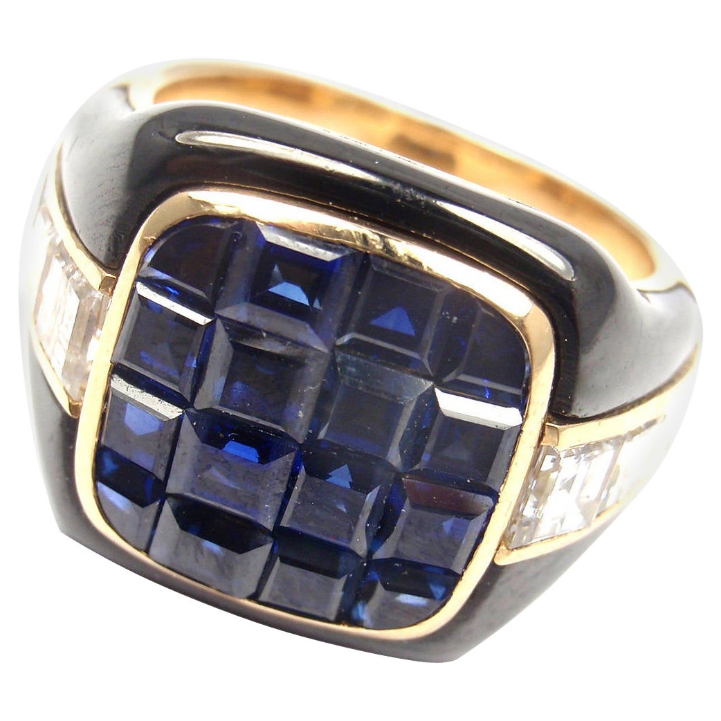 Piaget Enamel Invisible Set Sapphire Diamond Gold Cocktail Ring For Sale