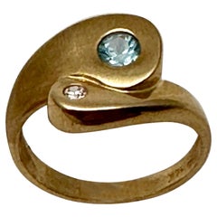 14k Yellow Gold  4mm Round Blue Topaz 2.2mm Round Diamond Ring Size 8