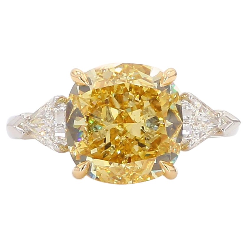 GIA Certified Natural Yellow Cushion Diamond 6.34 Carat TW Plat Cocktail Ring For Sale