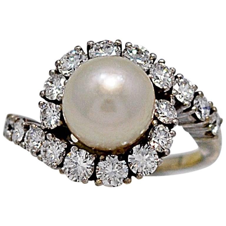  8.7 mm Cultured Pearl 1.10 carat Diamond Gold Fashion Ring