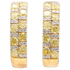 Natural Yellow Radiant Diamond 1.66 Carat TW Gold Hoop Earrings