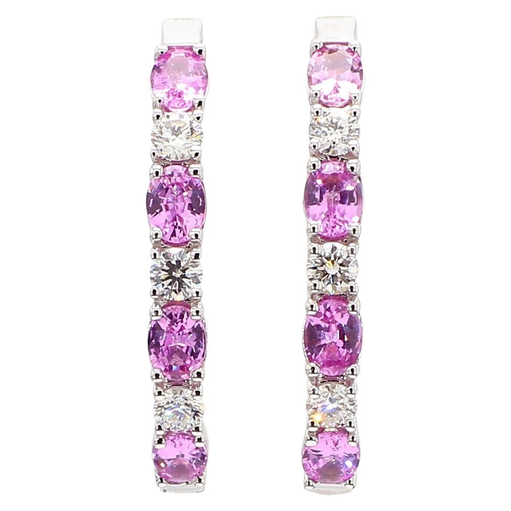 Natural Pink Round Sapphire and White Diamond 2.40 Carat TW Gold Hoop Earrings For Sale