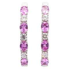 Natural Pink Round Sapphire and White Diamond 2.40 Carat TW Gold Hoop Earrings