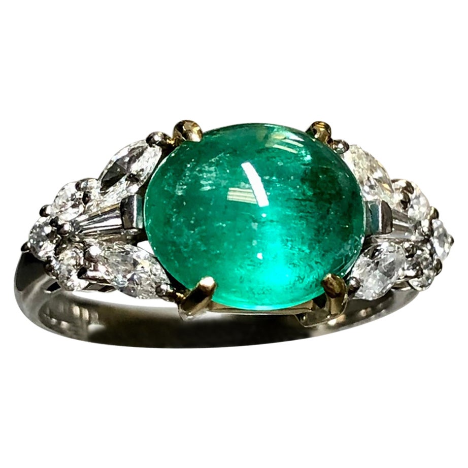 Estate Platinum 18K Cabochon Emerald Fancy Diamond Cocktail Ring Band 4.50ctw  For Sale