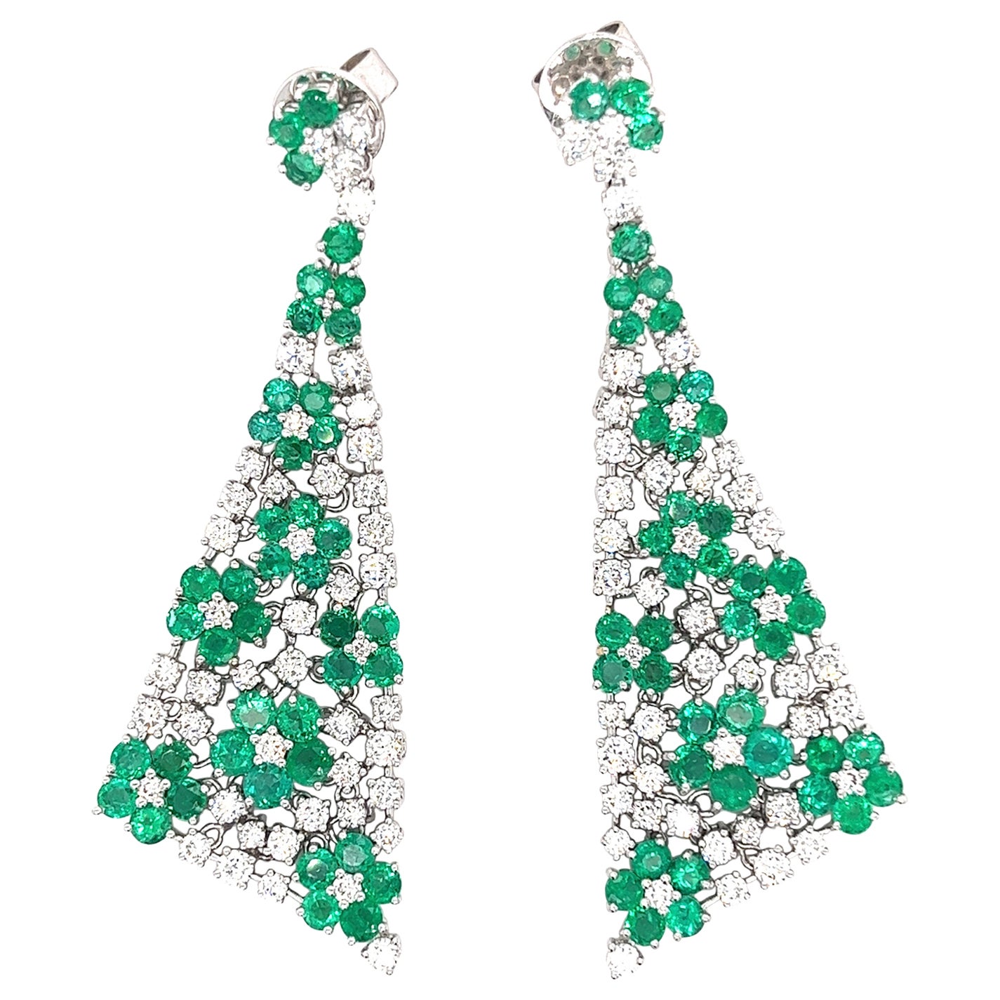 18K White Gold Emerald Drop Earrings with Diamonds