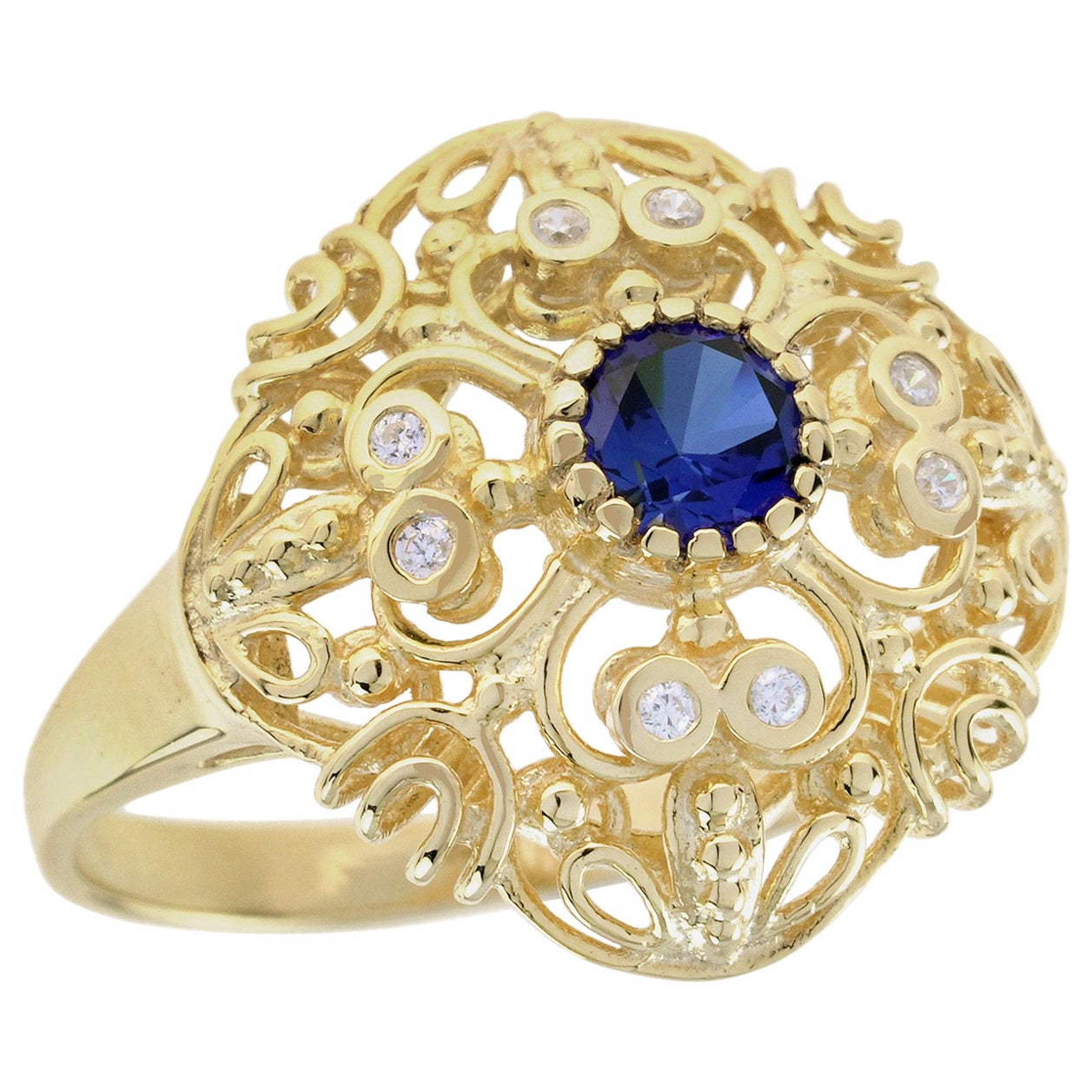 Natural Blue Sapphire and Diamond Vintage Style Filigree Ring in Solid 9K Gold For Sale