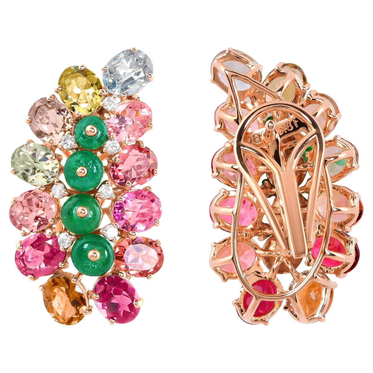 Emerald Bead Multi Tourmaline Leaf Earrings Diamond 14 Karat Rose Gold Jewelry For Sale