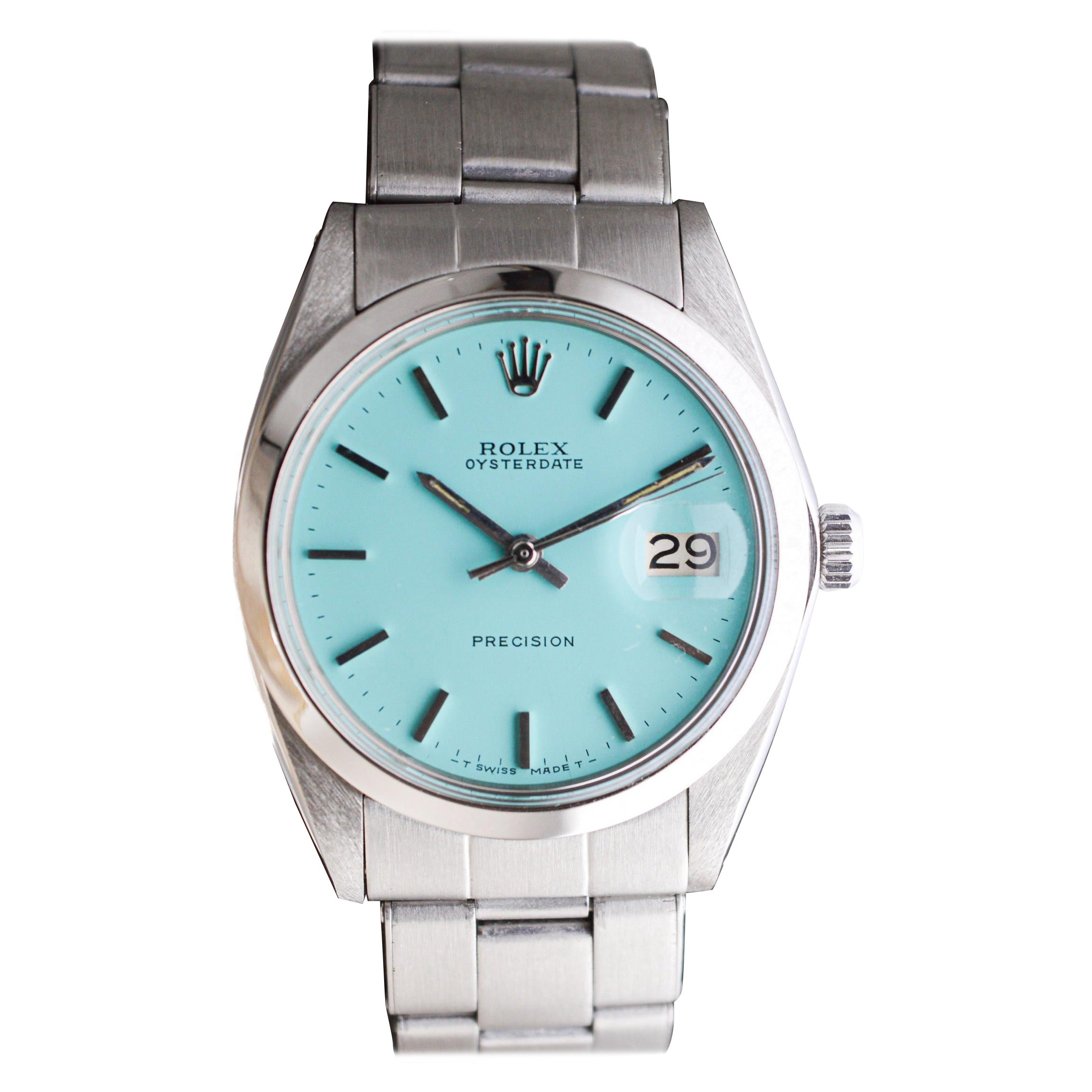 Rolex Stainless Steel Oysterdate with Custom T. Blue Dial circa, 1970's For Sale