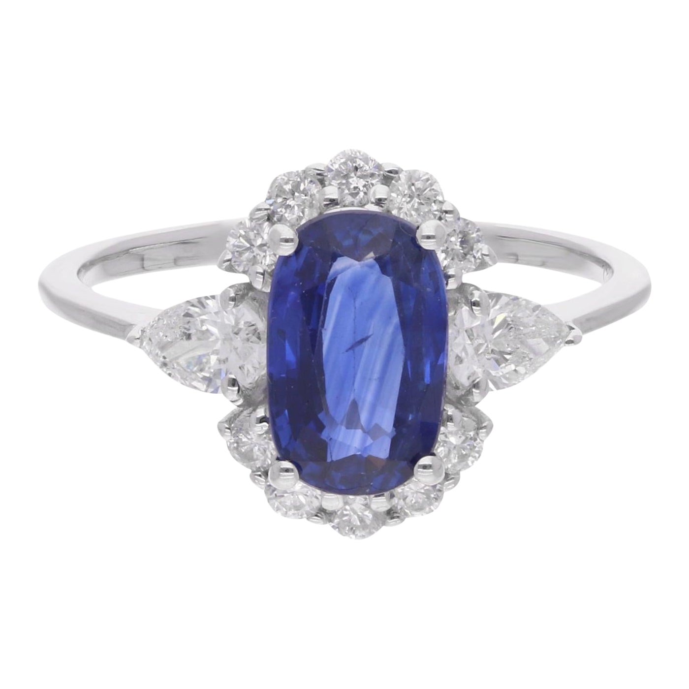 Bague de joaillerie fine en or blanc 14 carats avec saphir bleu de pureté SI et diamant de couleur hi-colore