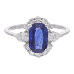 Anello con zaffiro blu SI Chiarezza HI Colore Diamante Oro bianco 14 carati Gioielli di pregio