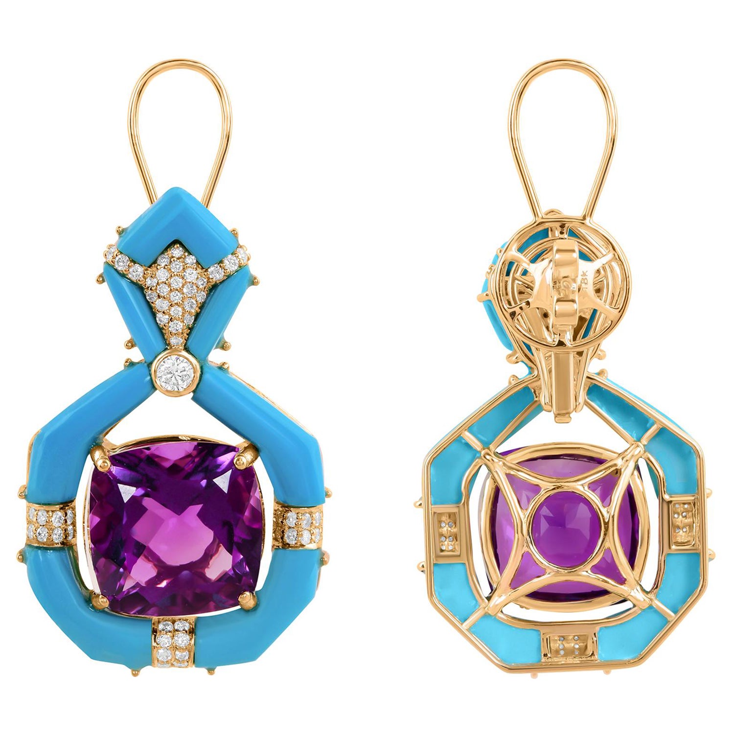 Amethyst Arizona Turquoise Gemstone Dangle Earrings Diamond 14 Karat Yellow Gold For Sale