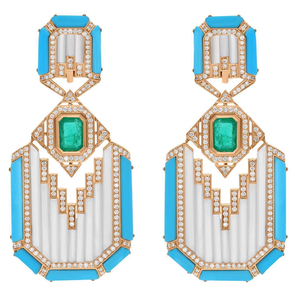 Mother of Pearl Turquoise Earrings Emerald Diamond 14 Karat Yellow Gold Jewelry For Sale