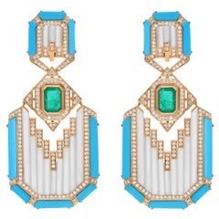 Türkis-Ohrringe aus Perlmutt mit Smaragd und Diamant aus 14 Karat Gelbgold-Schmuck