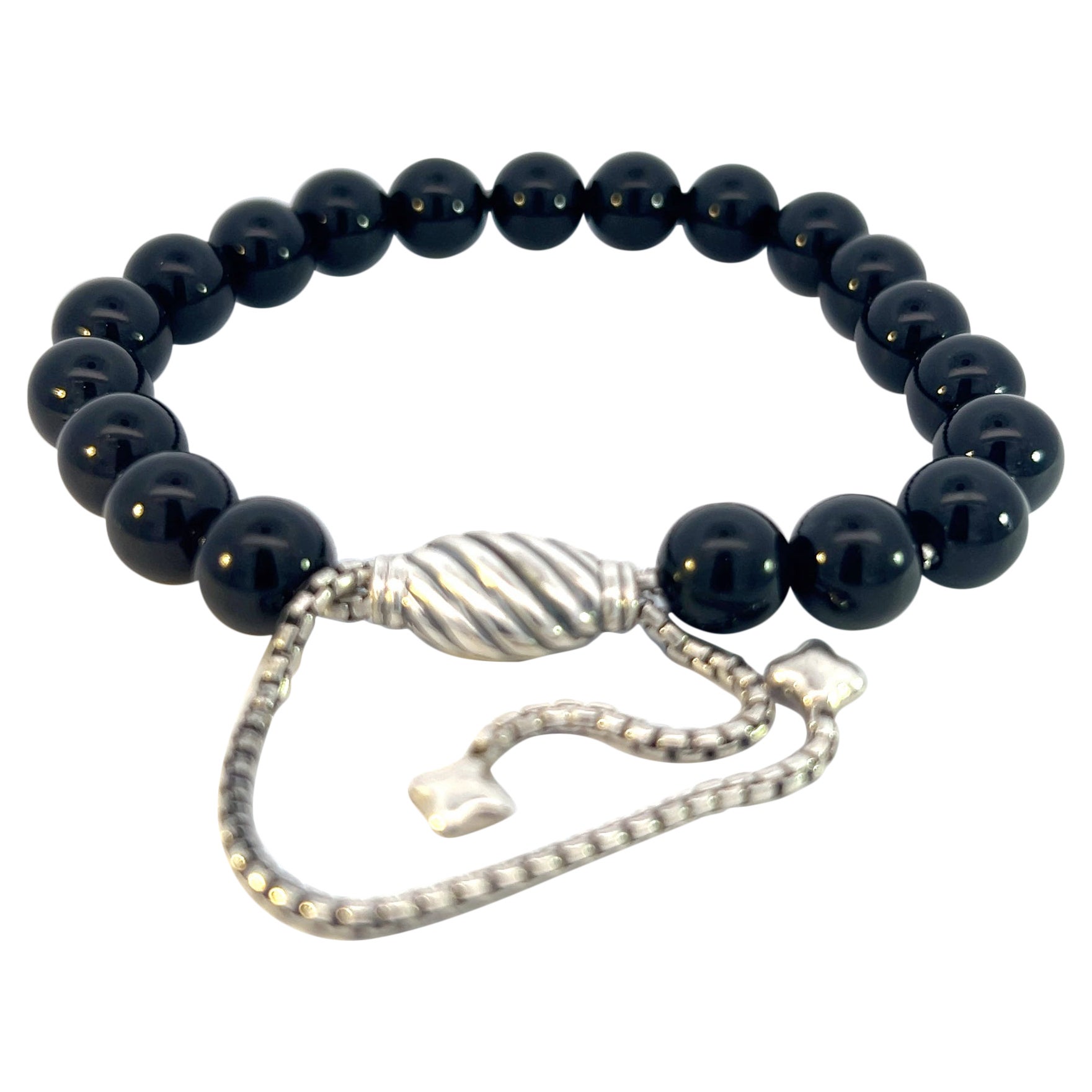 David Yurman Authentic Estate Onyx Polished Spiritual Beads Bracelet 6.6 - 8.5"  For Sale