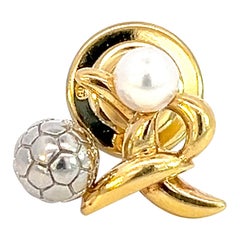 Vintage Mikimoto Estate Akoya Pearl Soccer Motif Tie Pin 4.50 mm 18k Gold Silver