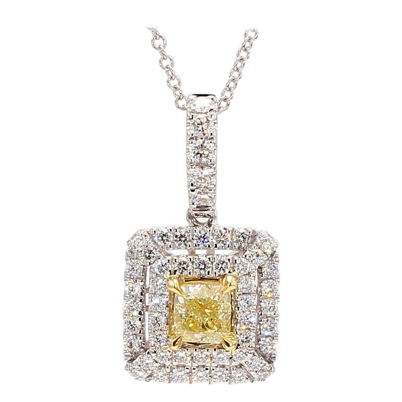 Natural Yellow Cushion and White Diamond .94 Carat TW Gold Drop Pendant For Sale
