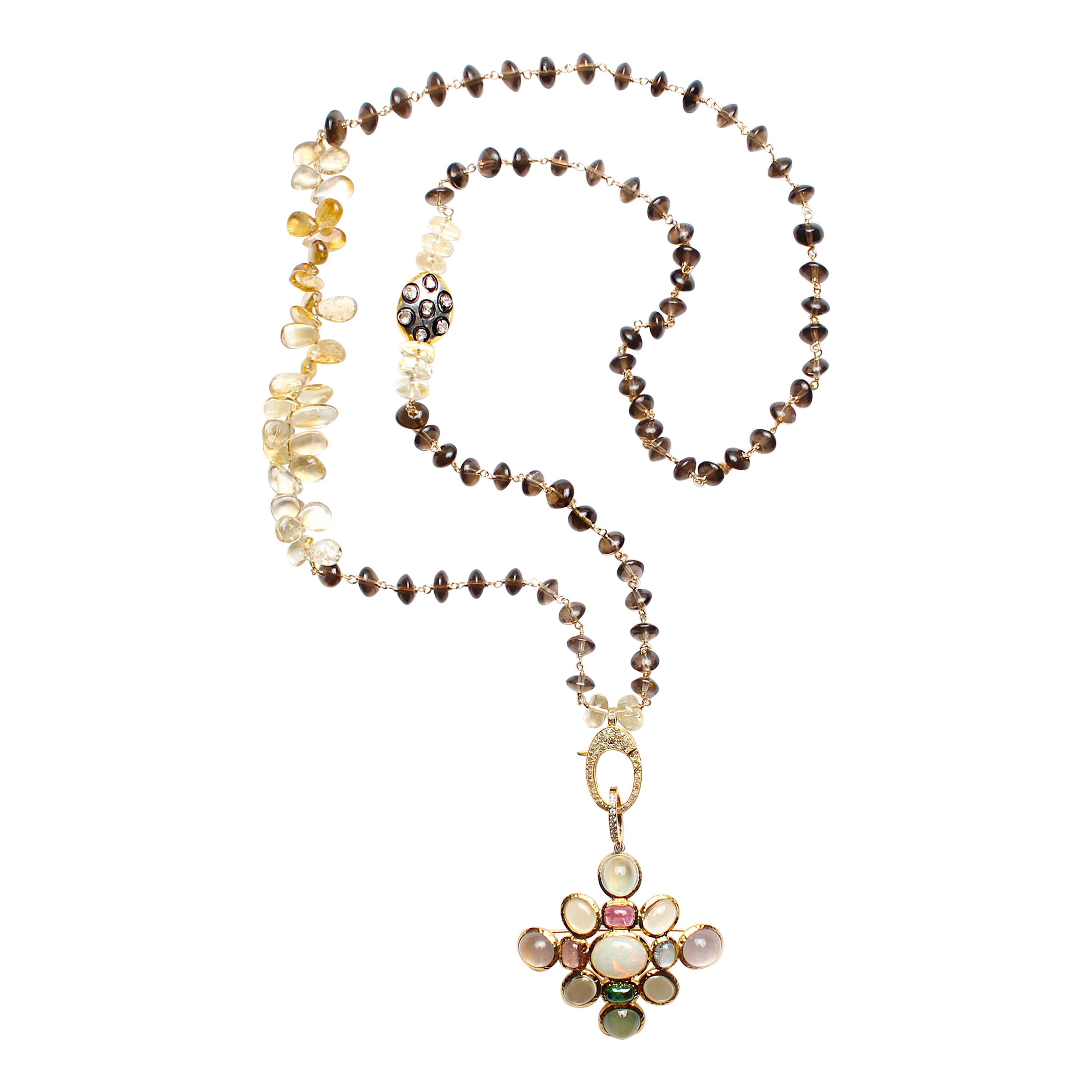 CLARISSA BRONFMAN Brown Quartz Gold Polki Diamond Rosary & Capri Opal Pendant For Sale