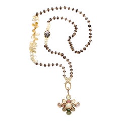CLARISSA BRONFMAN Brown Quartz Gold Polki Diamond Rosary & Capri Opal Pendant