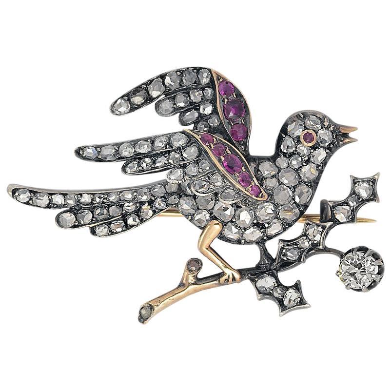 Fancy Yellow Diamond Rubi Silver and Gold 18 Kts. Bird Brooch 19Th Century For Sale