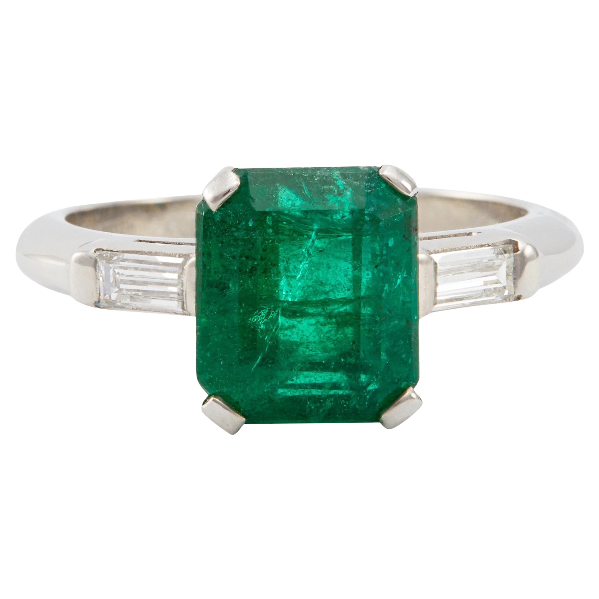 Vintage GIA Zambian Emerald and Diamond Platinum Ring For Sale