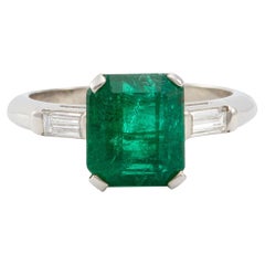 Vintage GIA Zambian Emerald and Diamond Platinum Ring