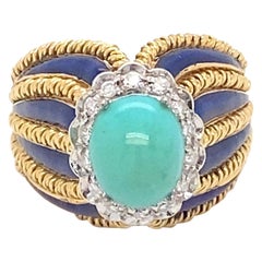 Turquoise Diamond Enamel Yellow Gold Ring