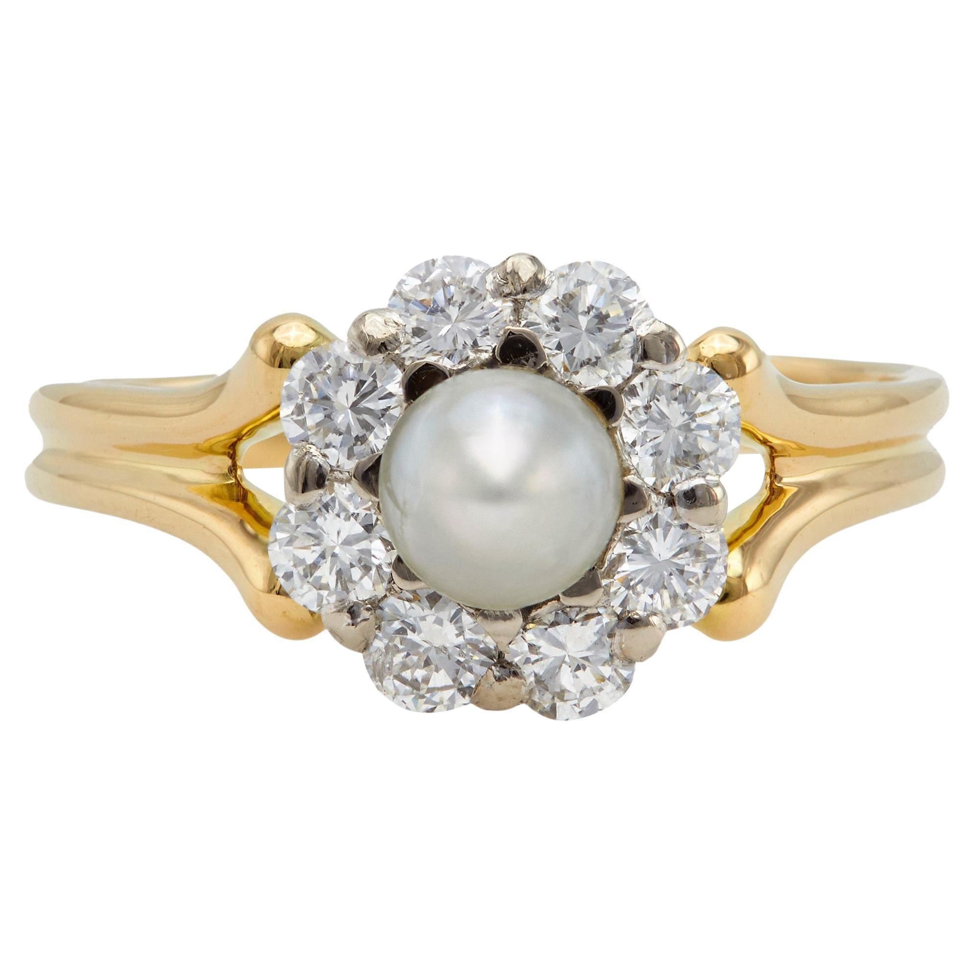 Mid Century Victorian Revival Pearl Diamond 18k Gold Platinum Cluster Ring For Sale