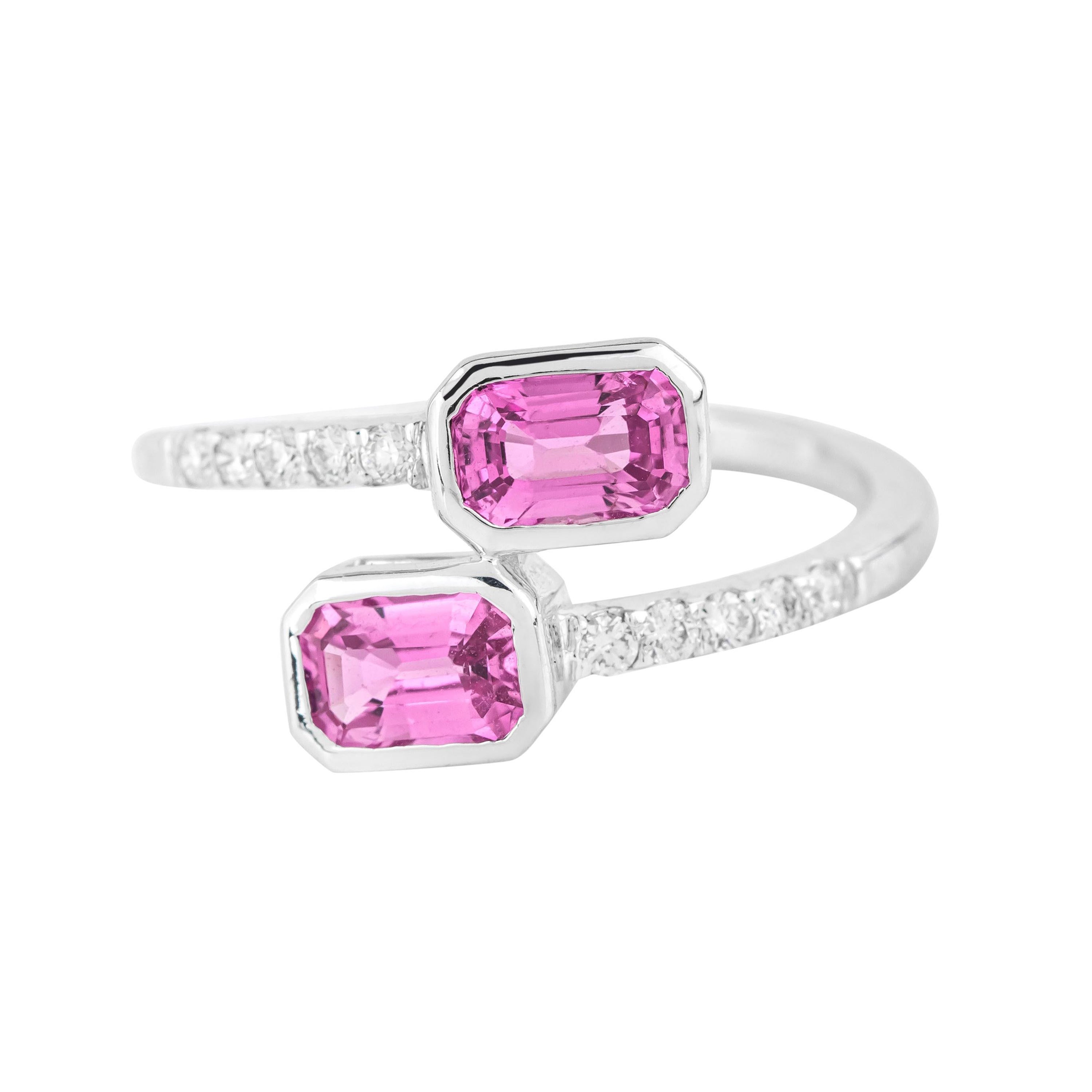 18 Karat Gold 1.57 Carat Diamond and Pink Sapphire Two Stone Ring For Sale
