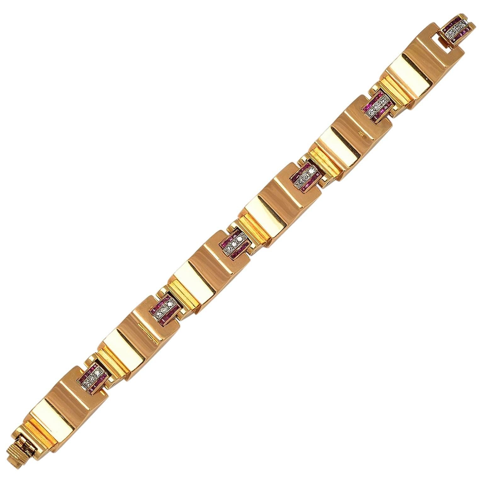 French Retro 1940s calibré-cut Rubi Diamond Platinum Gold 18 Kts. Tank Bracelet For Sale